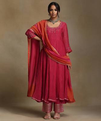 Pink embroidered chanderi anarkali set 1