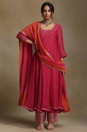 Pink embroidered chanderi anarkali set