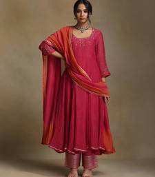 Pink embroidered chanderi anarkali set