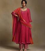 Pink embroidered chanderi anarkali set