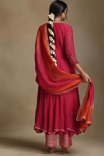 Pink embroidered chanderi anarkali set
