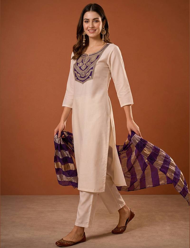 Women's Beautiful Embroidery Work Simar Fabric Straight Kurta Pant and Dupatta Set