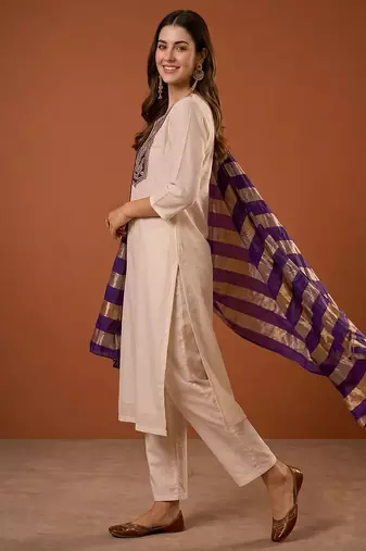 Women's Beautiful Embroidery Work Simar Fabric Straight Kurta Pant and Dupatta Set
