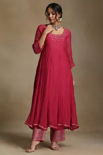 Pink embroidered chanderi anarkali set