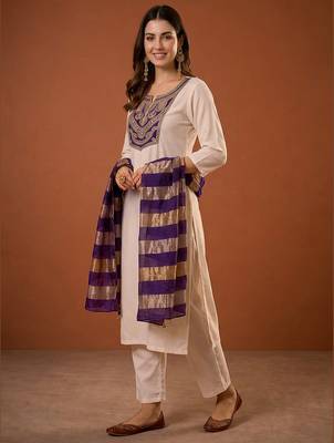 Women's Beautiful Embroidery Work Simar Fabric Straight Kurta Pant and Dupatta Set 4
