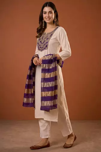 Women's Beautiful Embroidery Work Simar Fabric Straight Kurta Pant and Dupatta Set