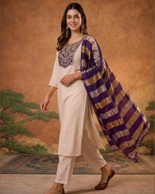 Women's Beautiful Embroidery Work Simar Fabric Straight Kurta Pant and Dupatta Set 5