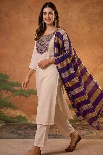 Women's Beautiful Embroidery Work Simar Fabric Straight Kurta Pant and Dupatta Set