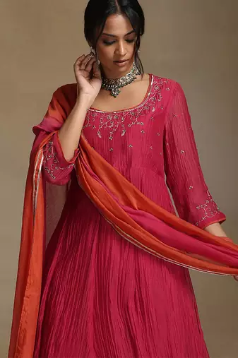 Pink embroidered chanderi anarkali set