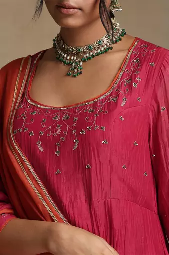 Pink embroidered chanderi anarkali set