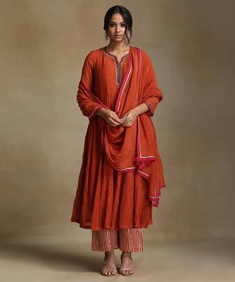 Burnt orange embroidered chanderi anarkali set 1