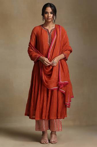 Burnt orange embroidered chanderi anarkali set