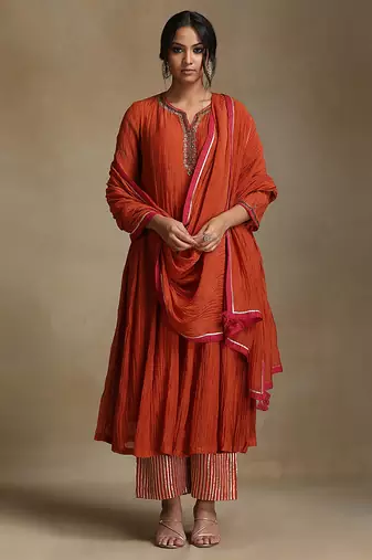 Burnt orange embroidered chanderi anarkali set