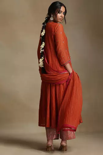 Burnt orange embroidered chanderi anarkali set