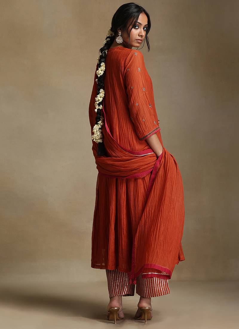 Burnt orange embroidered chanderi anarkali set