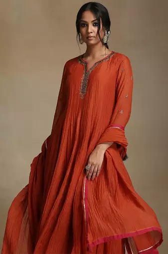 Burnt orange embroidered chanderi anarkali set