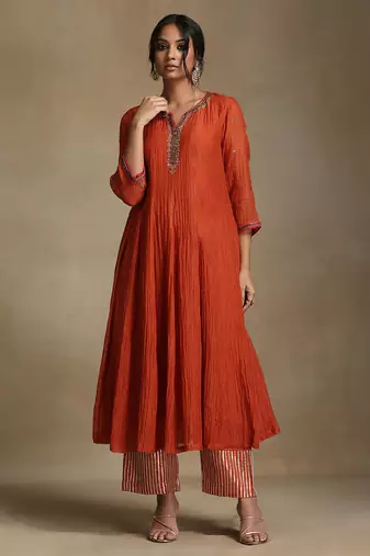 Burnt orange embroidered chanderi anarkali set