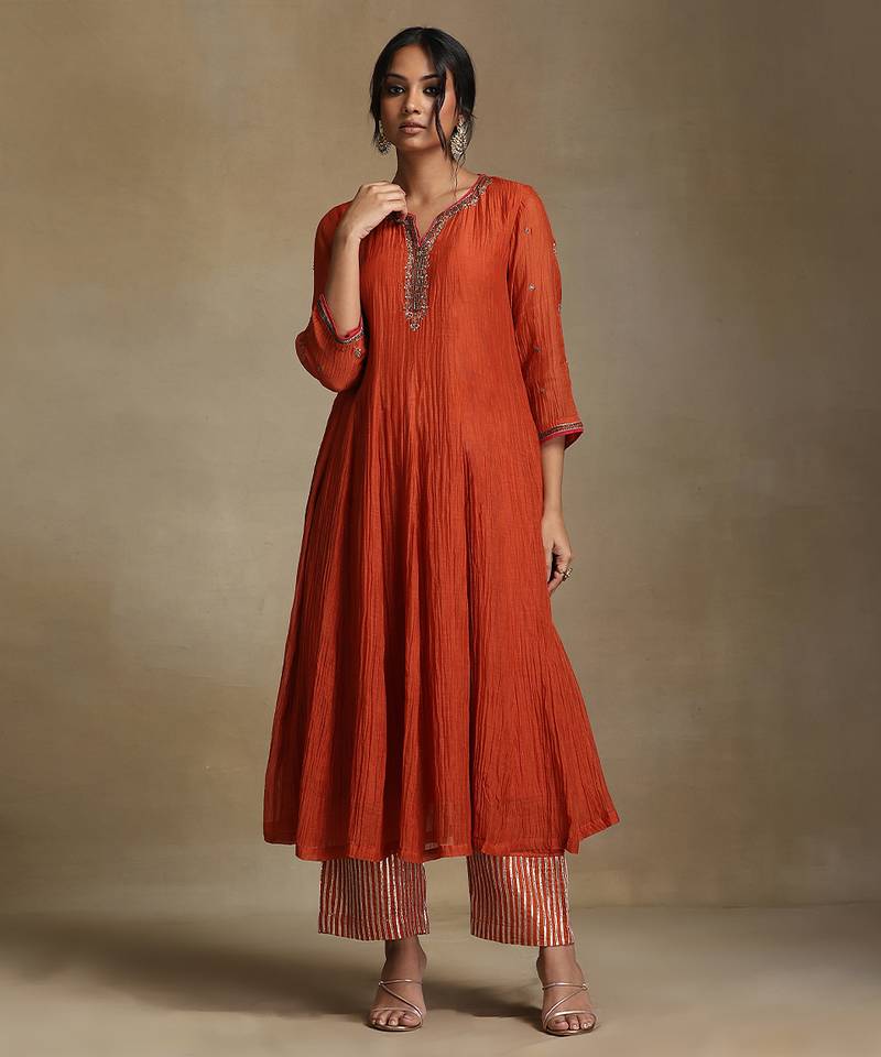 Burnt orange embroidered chanderi anarkali set