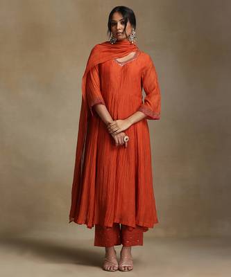 Rust orange embroidered chanderi anarkali set 1