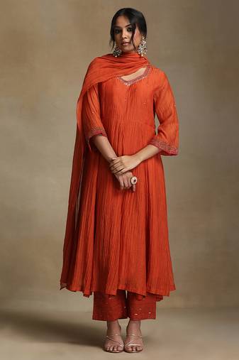 Rust orange embroidered chanderi anarkali set
