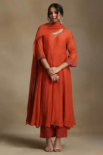Rust orange embroidered chanderi anarkali set