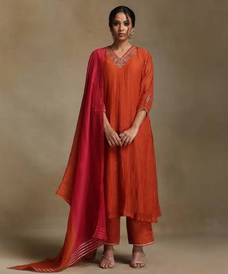 Burnt orange embroidered chanderi long kurti set 1