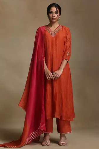 Burnt orange embroidered chanderi long kurti set