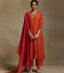Burnt orange embroidered chanderi long kurti set