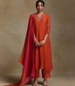 Burnt orange embroidered chanderi long kurti set