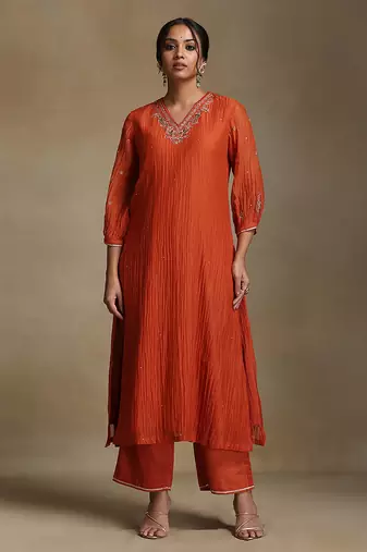 Burnt orange embroidered chanderi long kurti set