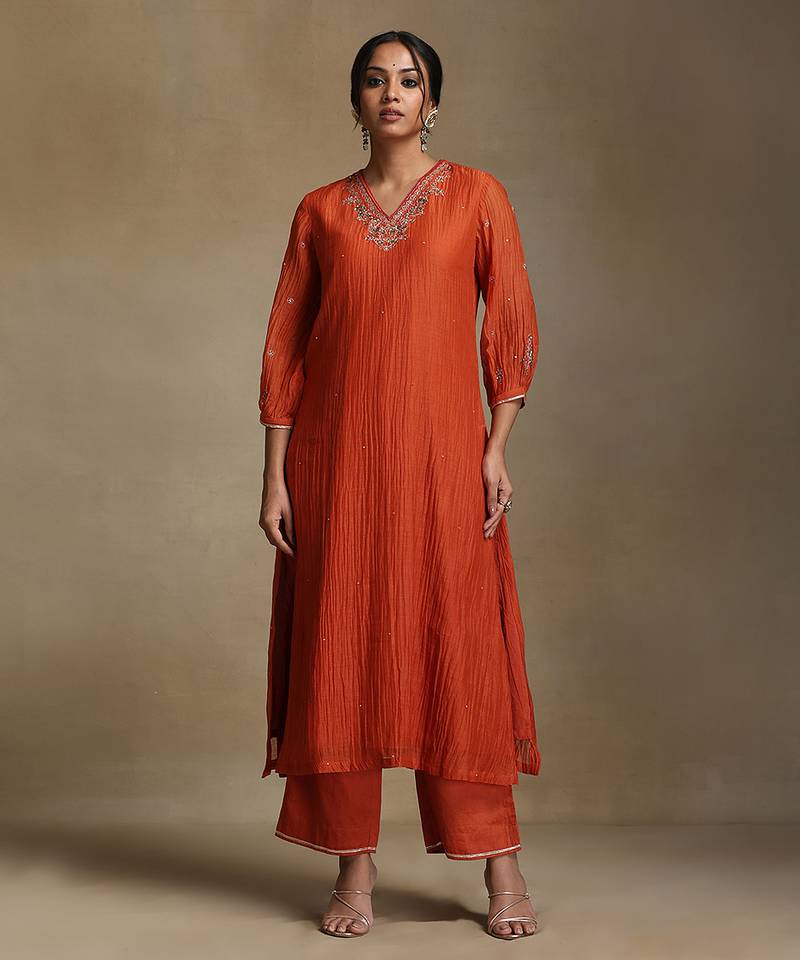 Burnt orange embroidered chanderi long kurti set