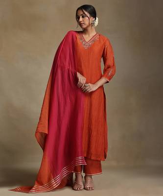 Burnt orange embroidered chanderi long kurti set 4