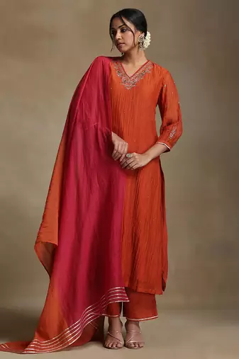 Burnt orange embroidered chanderi long kurti set