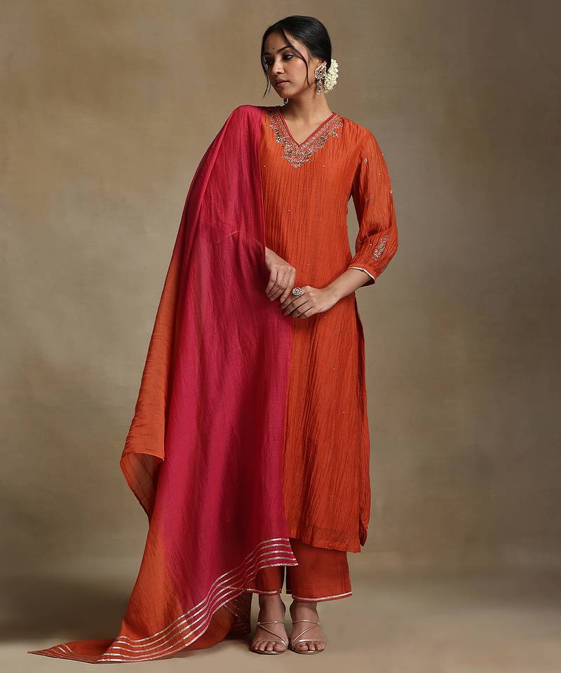 Burnt orange embroidered chanderi long kurti set
