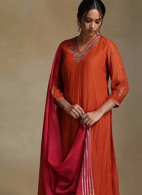 Burnt orange embroidered chanderi long kurti set 5
