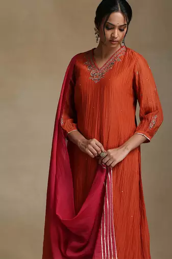 Burnt orange embroidered chanderi long kurti set