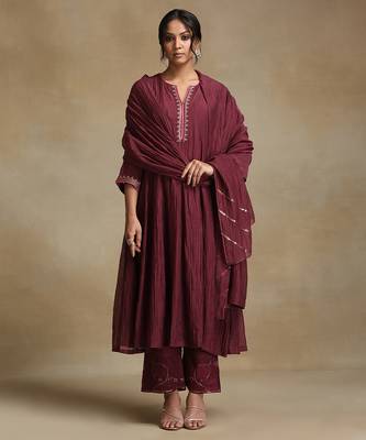 Plum wine embroidered chanderi anarkali set 1