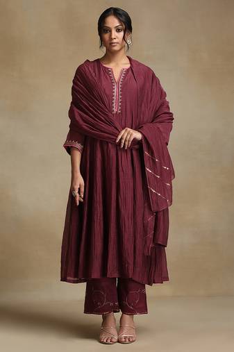 Plum wine embroidered chanderi anarkali set