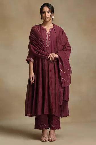 Plum wine embroidered chanderi anarkali set