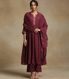 Plum wine embroidered chanderi anarkali set
