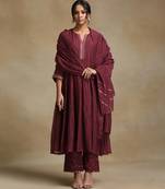 Plum wine embroidered chanderi anarkali set