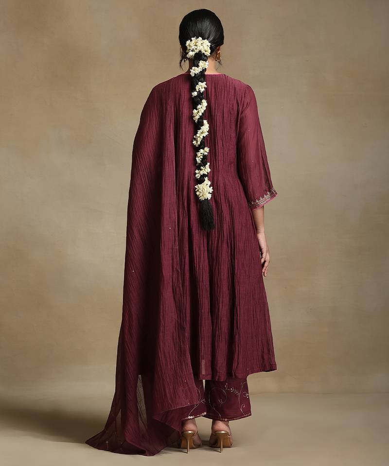 Plum wine embroidered chanderi anarkali set