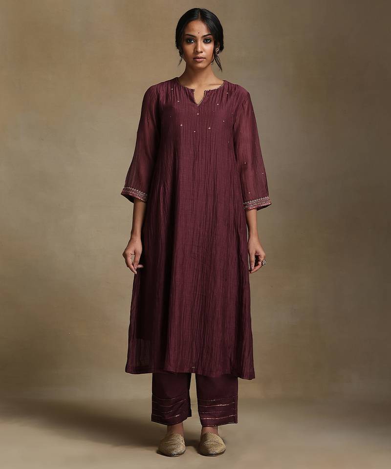 Plum wine embroidered chanderi anarkali set