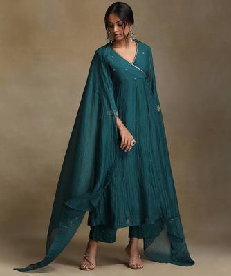Teal blue embroidered chanderi long kurti set 1