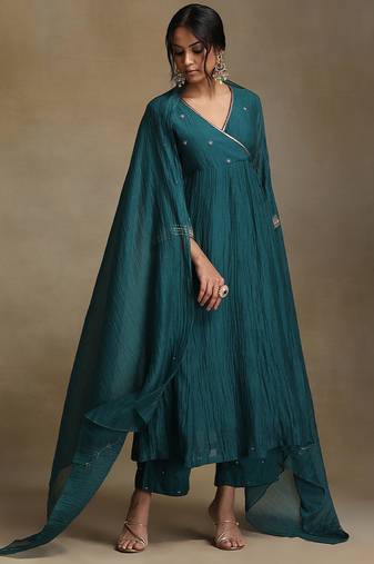 Teal blue embroidered chanderi long kurti set