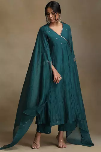 Teal blue embroidered chanderi long kurti set