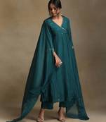 Teal blue embroidered chanderi long kurti set