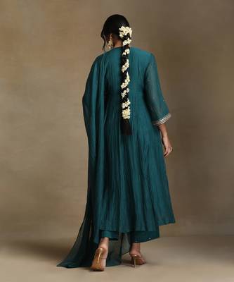 Teal blue embroidered chanderi long kurti set 2