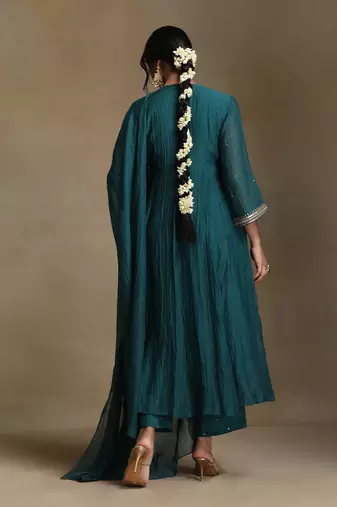 Teal blue embroidered chanderi long kurti set
