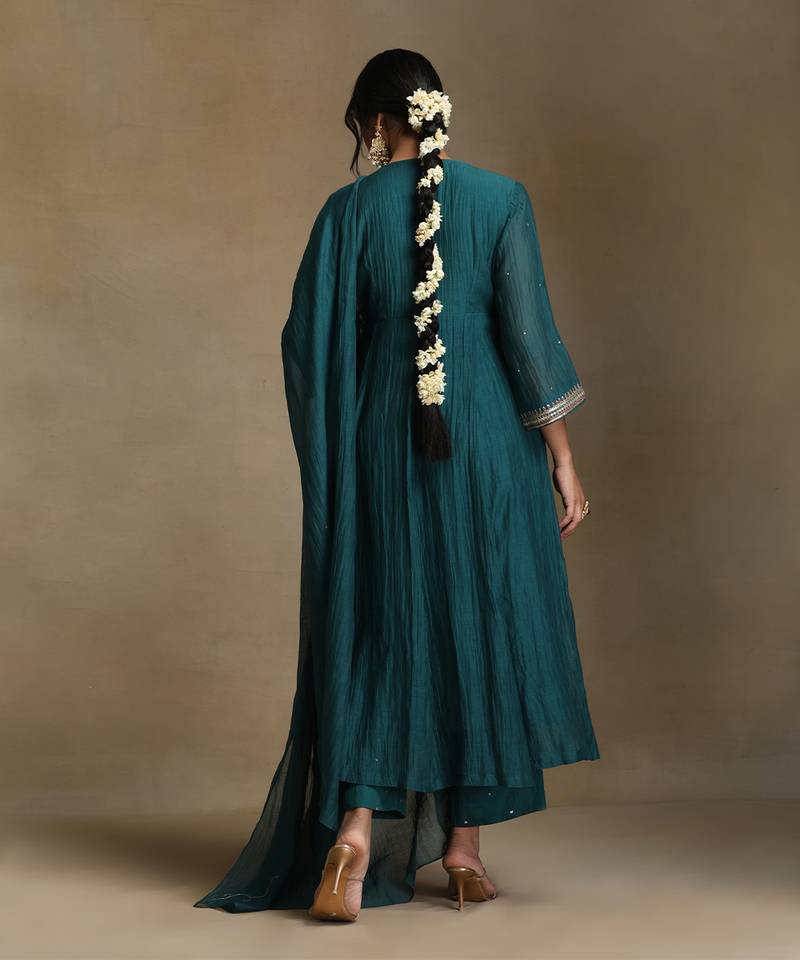 Teal blue embroidered chanderi long kurti set